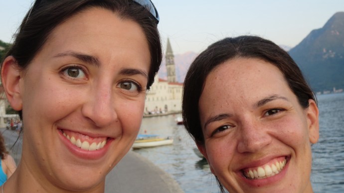 Oddly well-centered selfie of me, Fernanda, and the Perast belltower