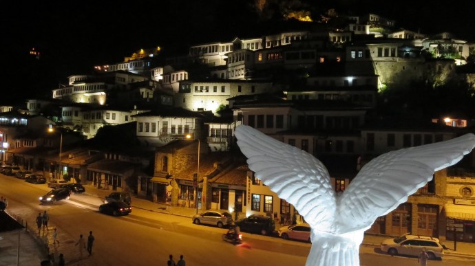 The eagle, symbol of Albania, watching over Berat at night