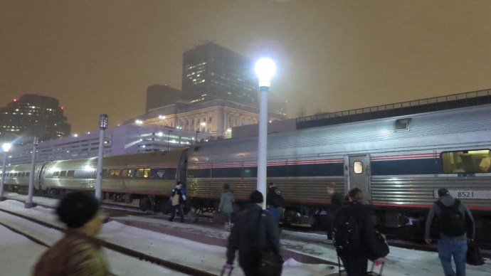 Trudging through the snow to board